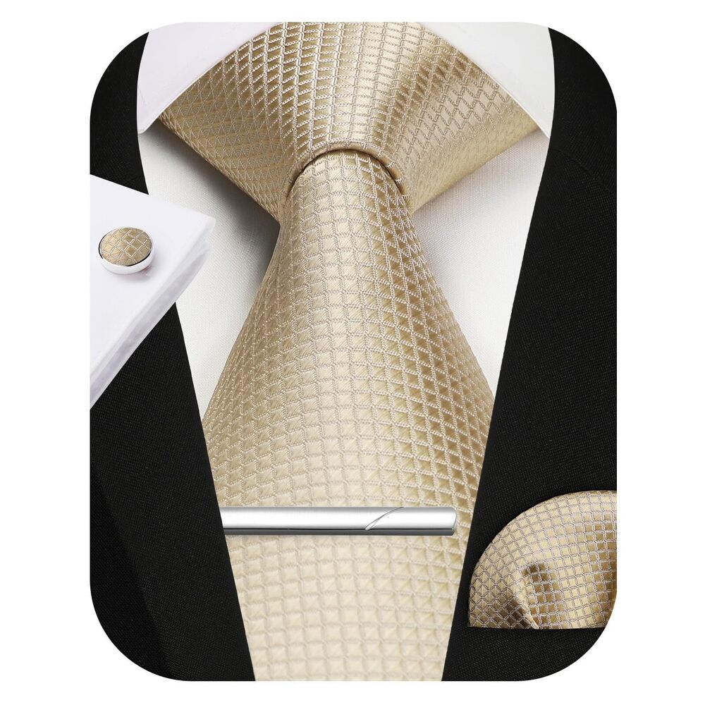 7382 Champagne Ties Silk Plain Necktie with Pocket Square Cufflinks Clip